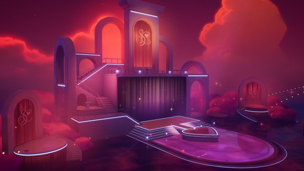 Sabrina Carpenter's pink and violet stage in Fortnite Festival