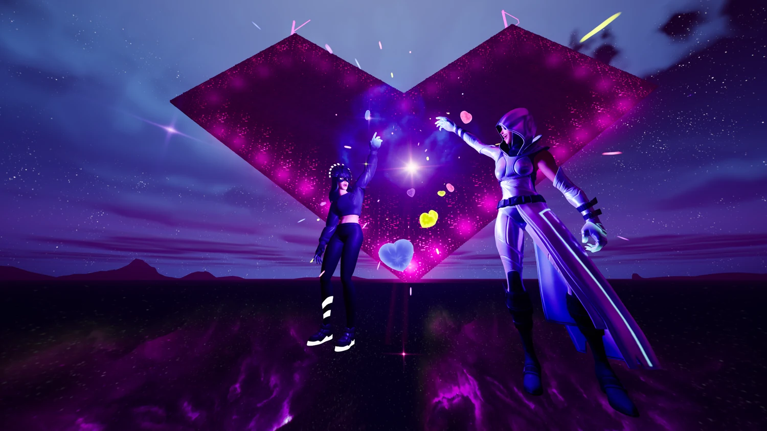 Two Fortnite characters in front of a geometric heart, beneath a starry violet sky